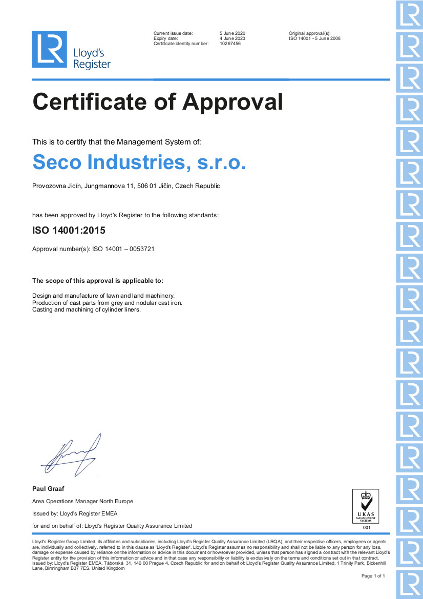 Renewal of the ISO 14001: 2015 certificate